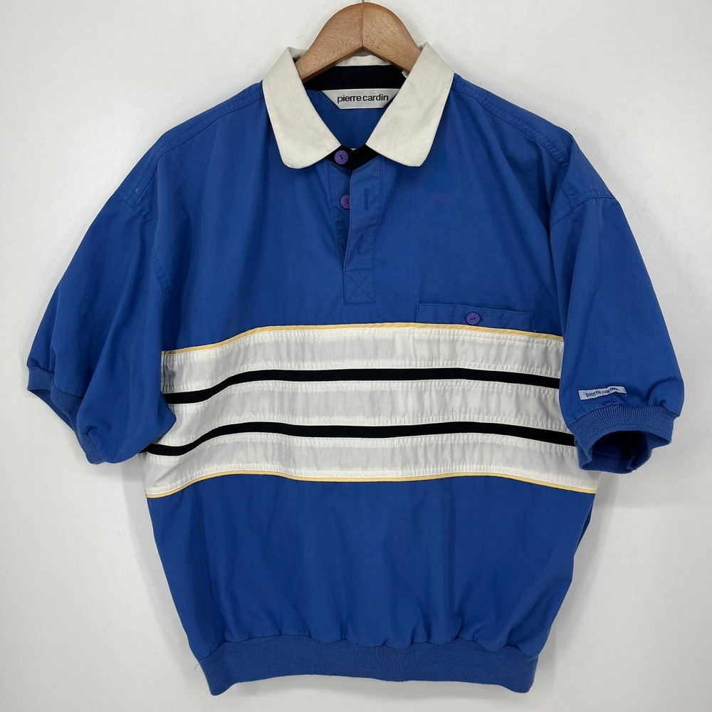 Pierre Cardin Vintage Mens Blue Colorblock Striped Short Sleeve Pullover Size M